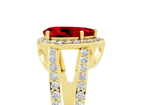 Yellow gold Pear Cut Ruby Halo Ring with Split Shank U-Prong Band and Four-Prong Setting_5