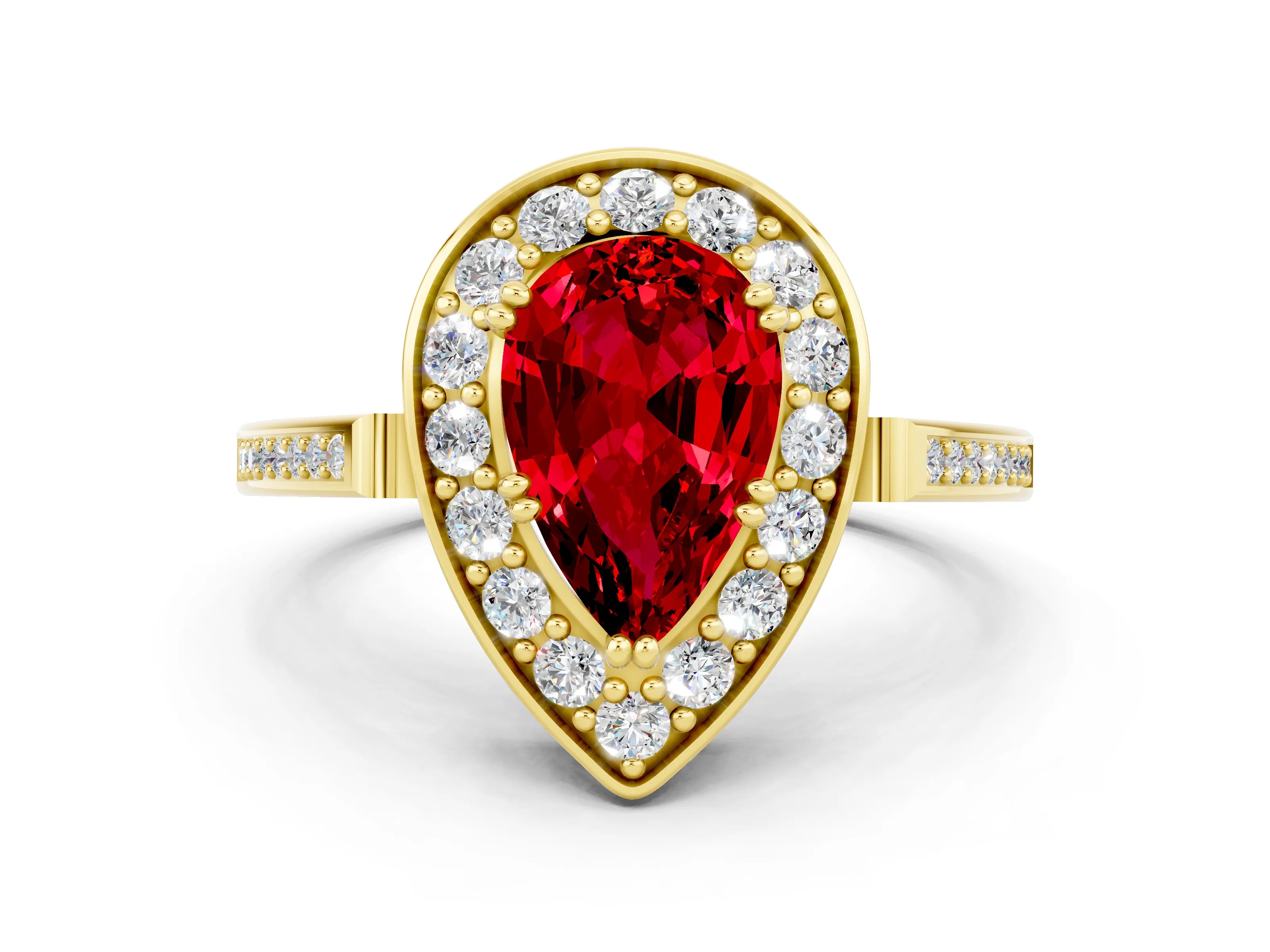 Yellow gold Pear Cut Ruby Halo Ring with Split Shank and Four-Prong Setting