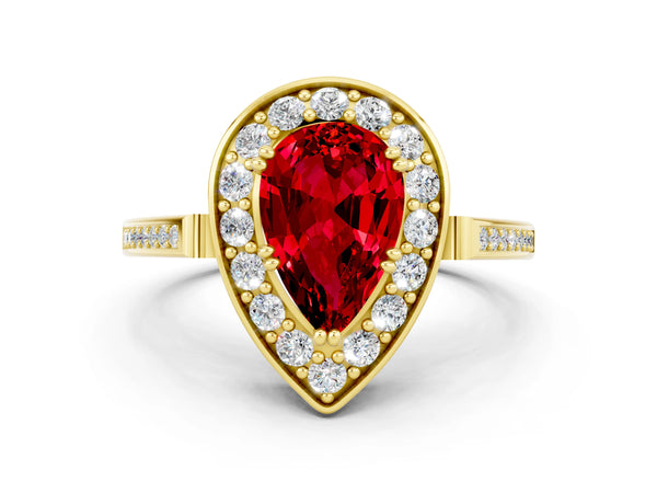 Yellow gold Pear Cut Ruby Halo Ring with Split Shank and Four-Prong Setting