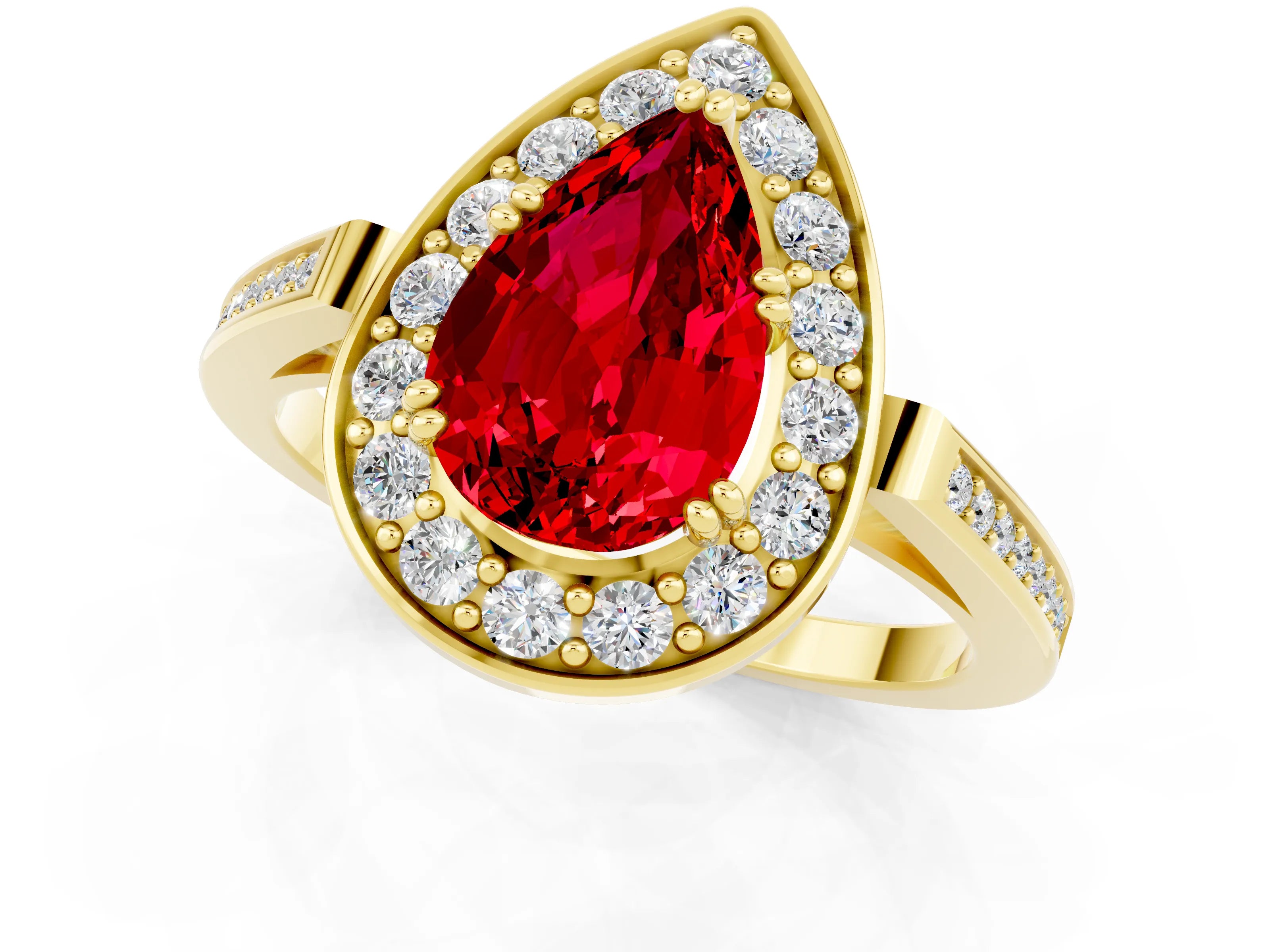 Yellow gold Pear Cut Ruby Halo Ring with Split Shank and Four-Prong Setting_1