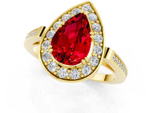 Yellow gold Pear Cut Ruby Halo Ring with Split Shank and Four-Prong Setting_1