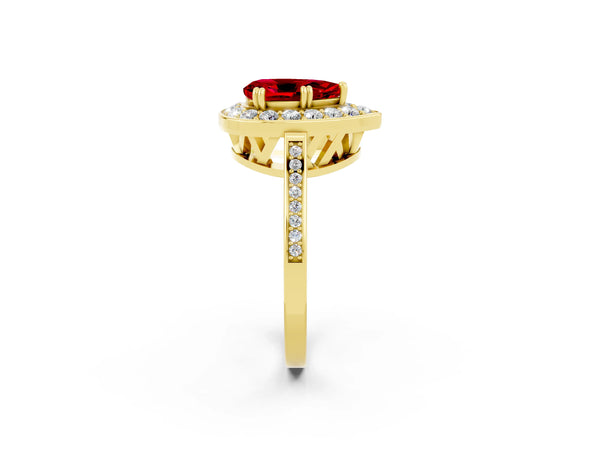 Yellow gold Pear Cut Ruby Halo Ring with Split Shank and Four-Prong Setting