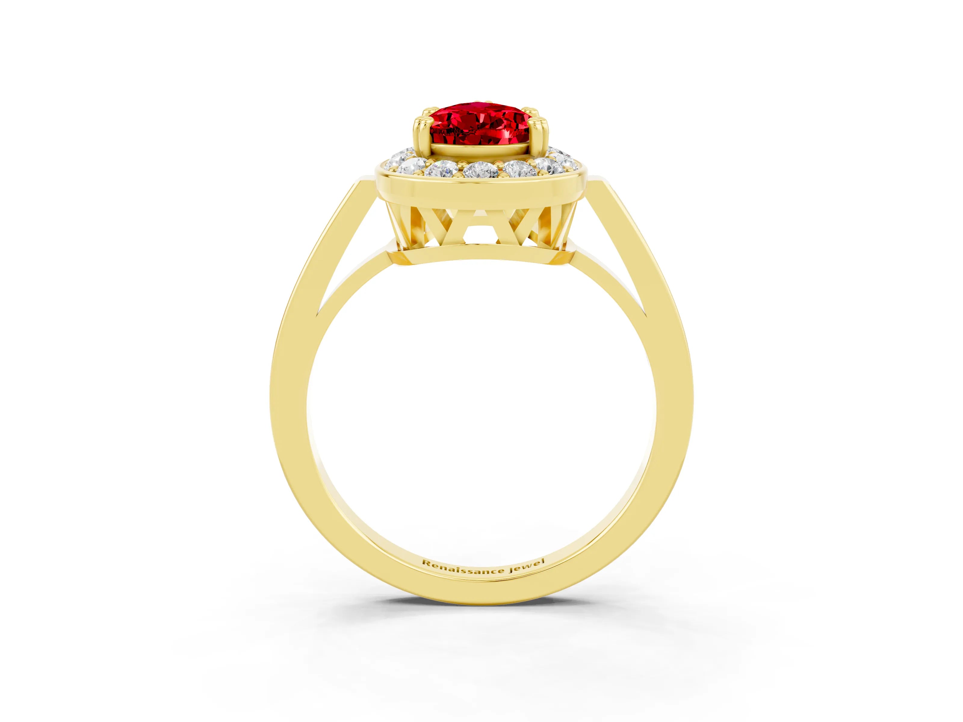 Yellow gold Pear Cut Ruby Halo Ring with Split Shank and Four-Prong Setting_3