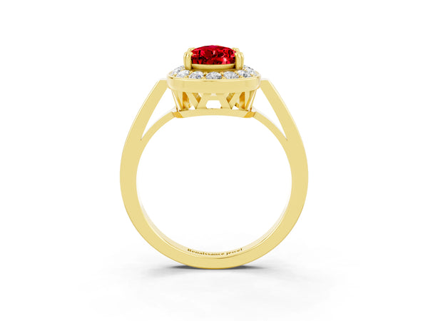 Yellow gold Pear Cut Ruby Halo Ring with Split Shank and Four-Prong Setting