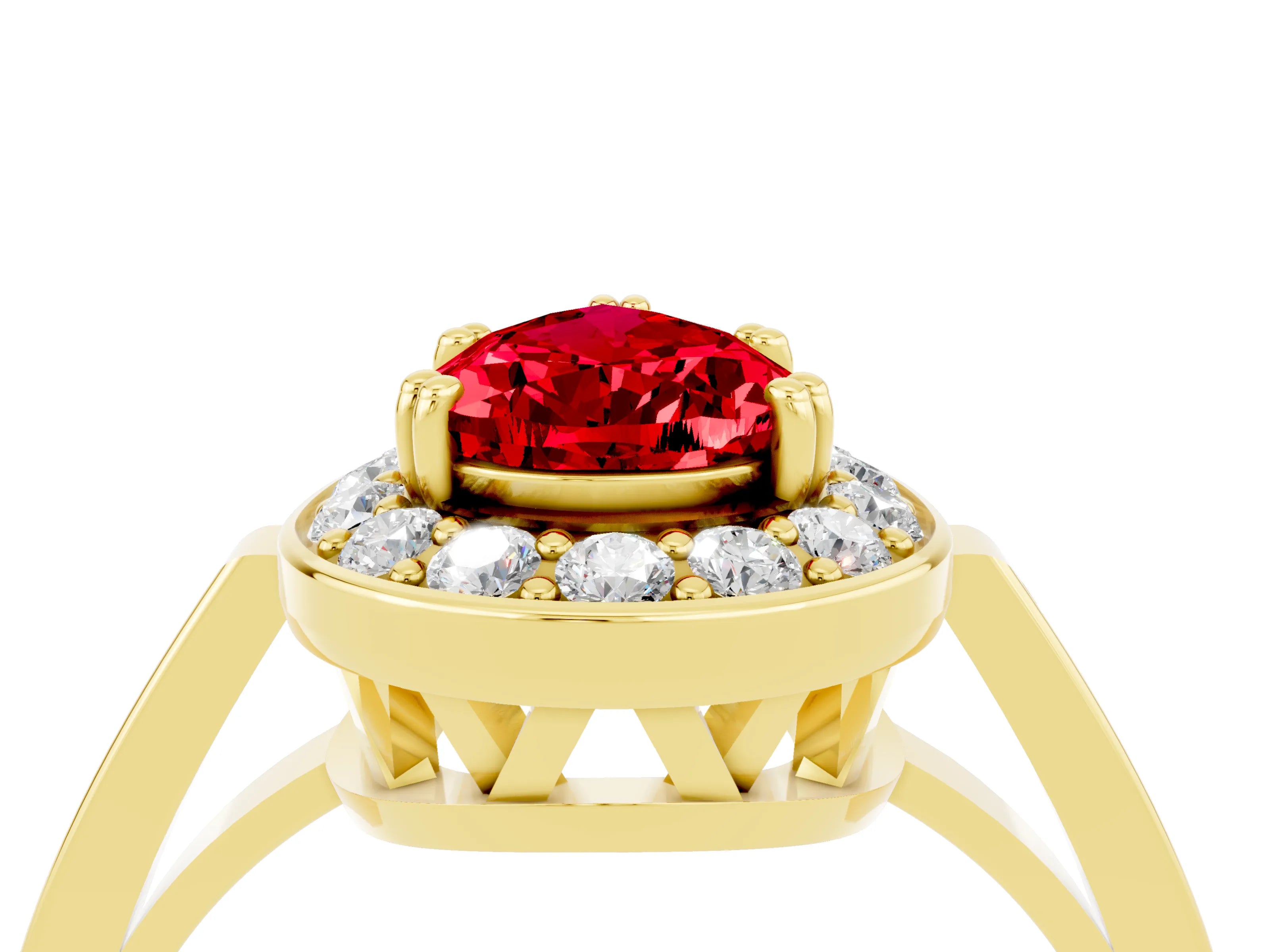 Yellow gold Pear Cut Ruby Halo Ring with Split Shank and Four-Prong Setting_4