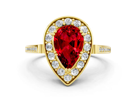 Yellow gold Pear Cut Ruby Halo Ring with Split Shank and Four-Prong Setting