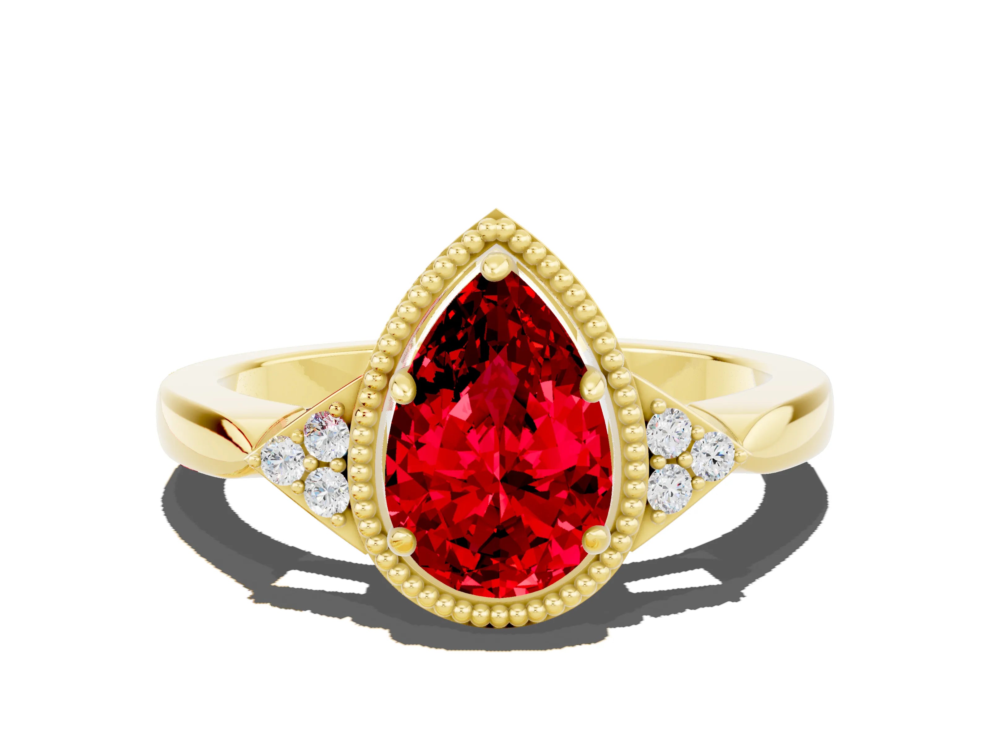 Yellow gold Pear Cut Ruby Halo Ring with Tapered Band and Four-Prong Setting