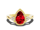 Yellow gold Pear Cut Ruby Halo Ring with Tapered Band and Four-Prong Setting