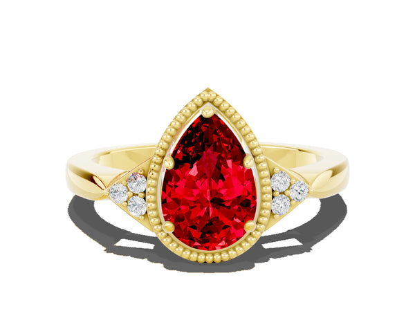 Yellow gold Pear Cut Ruby Halo Ring with Tapered Band and Four-Prong Setting
