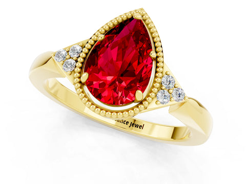 Yellow gold Pear Cut Ruby Halo Ring with Tapered Band and Four-Prong Setting_1