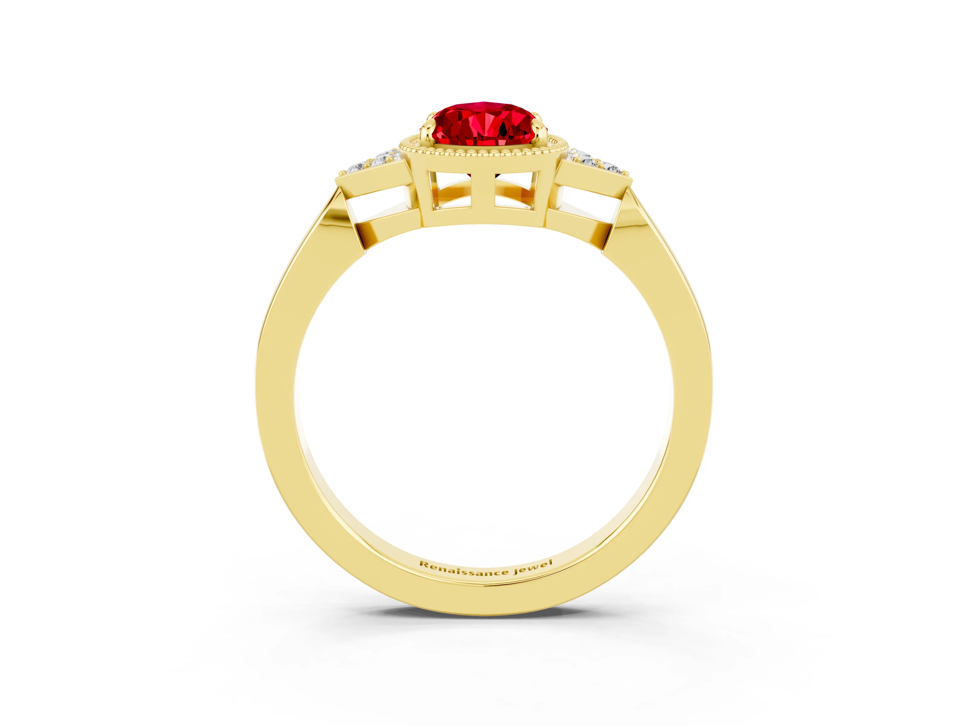 Yellow gold Pear Cut Ruby Halo Ring with Tapered Band and Four-Prong Setting_3