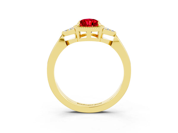 Yellow gold Pear Cut Ruby Halo Ring with Tapered Band and Four-Prong Setting