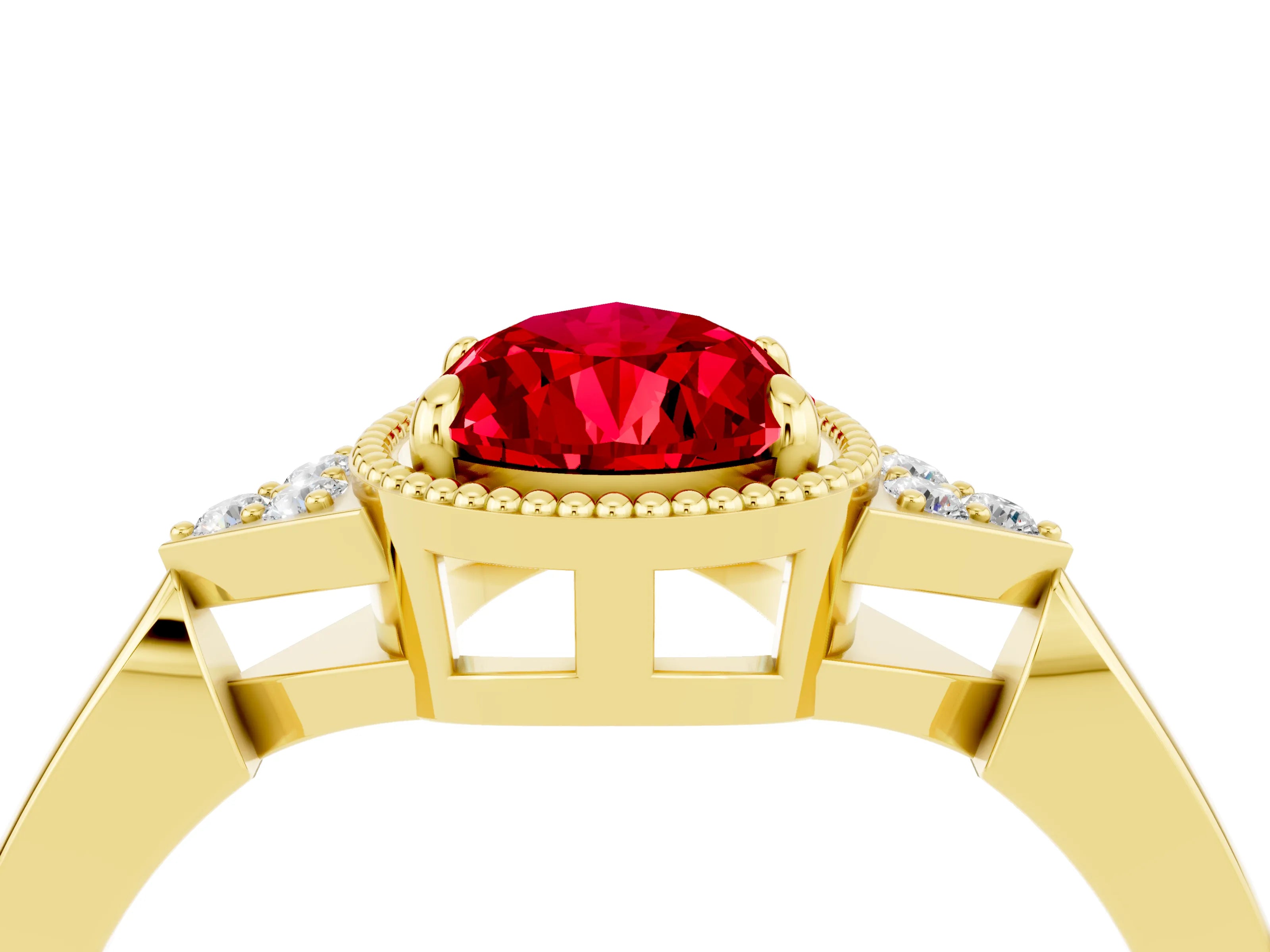 Yellow gold Pear Cut Ruby Halo Ring with Tapered Band and Four-Prong Setting_4