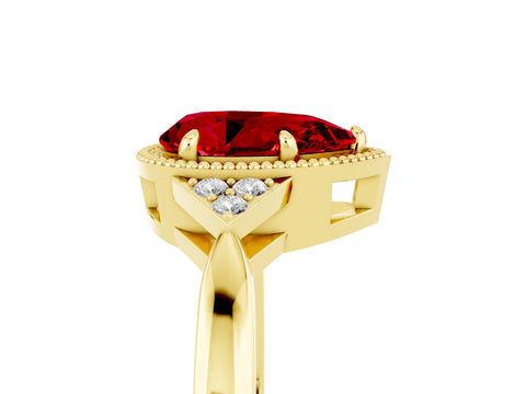 Yellow gold Pear Cut Ruby Halo Ring with Tapered Band and Four-Prong Setting_5
