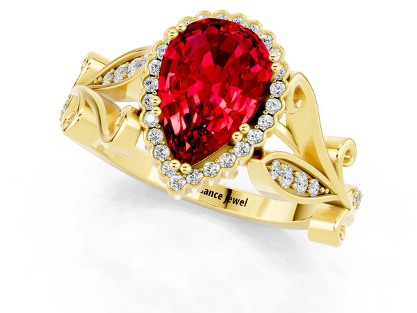 Yellow gold Pear Cut Ruby Halo Ring with Vintage Split Shank and Four-Prong Setting