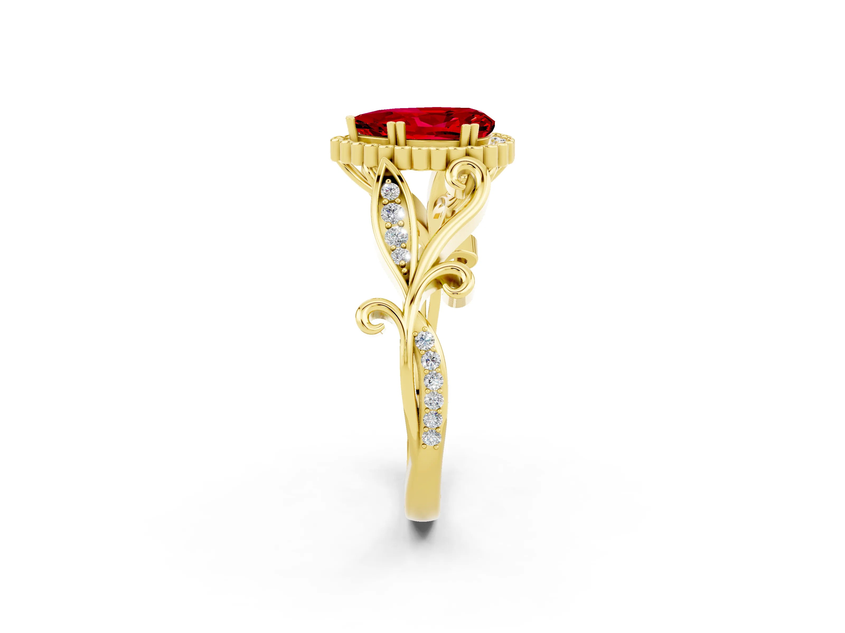 Yellow gold Pear Cut Ruby Halo Ring with Vintage Split Shank and Four-Prong Setting_2