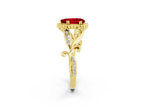 Yellow gold Pear Cut Ruby Halo Ring with Vintage Split Shank and Four-Prong Setting