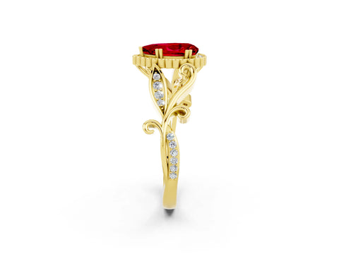 Yellow gold Pear Cut Ruby Halo Ring with Vintage Split Shank and Four-Prong Setting_2