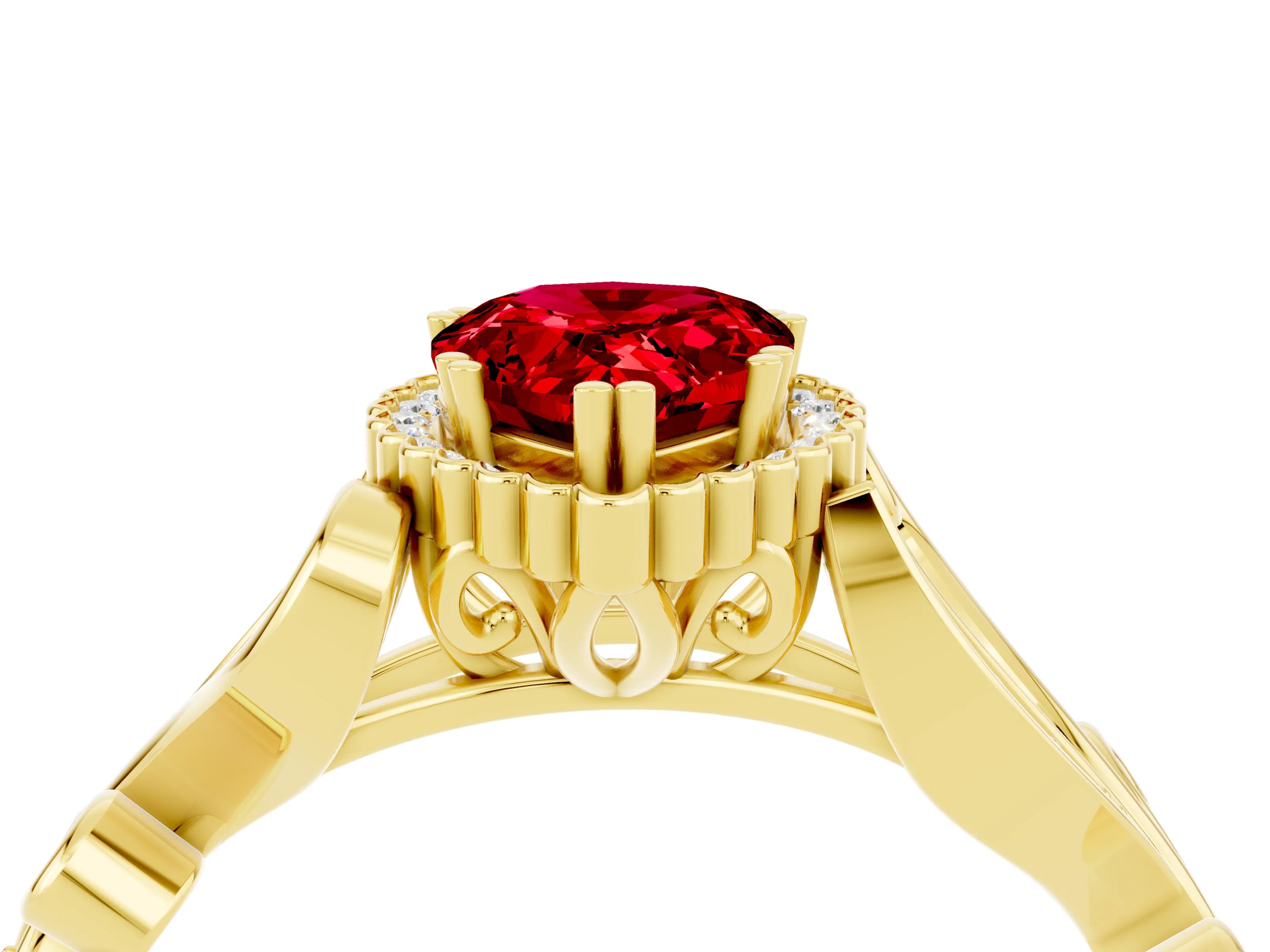 Yellow gold Pear Cut Ruby Halo Ring with Vintage Split Shank and Four-Prong Setting_4