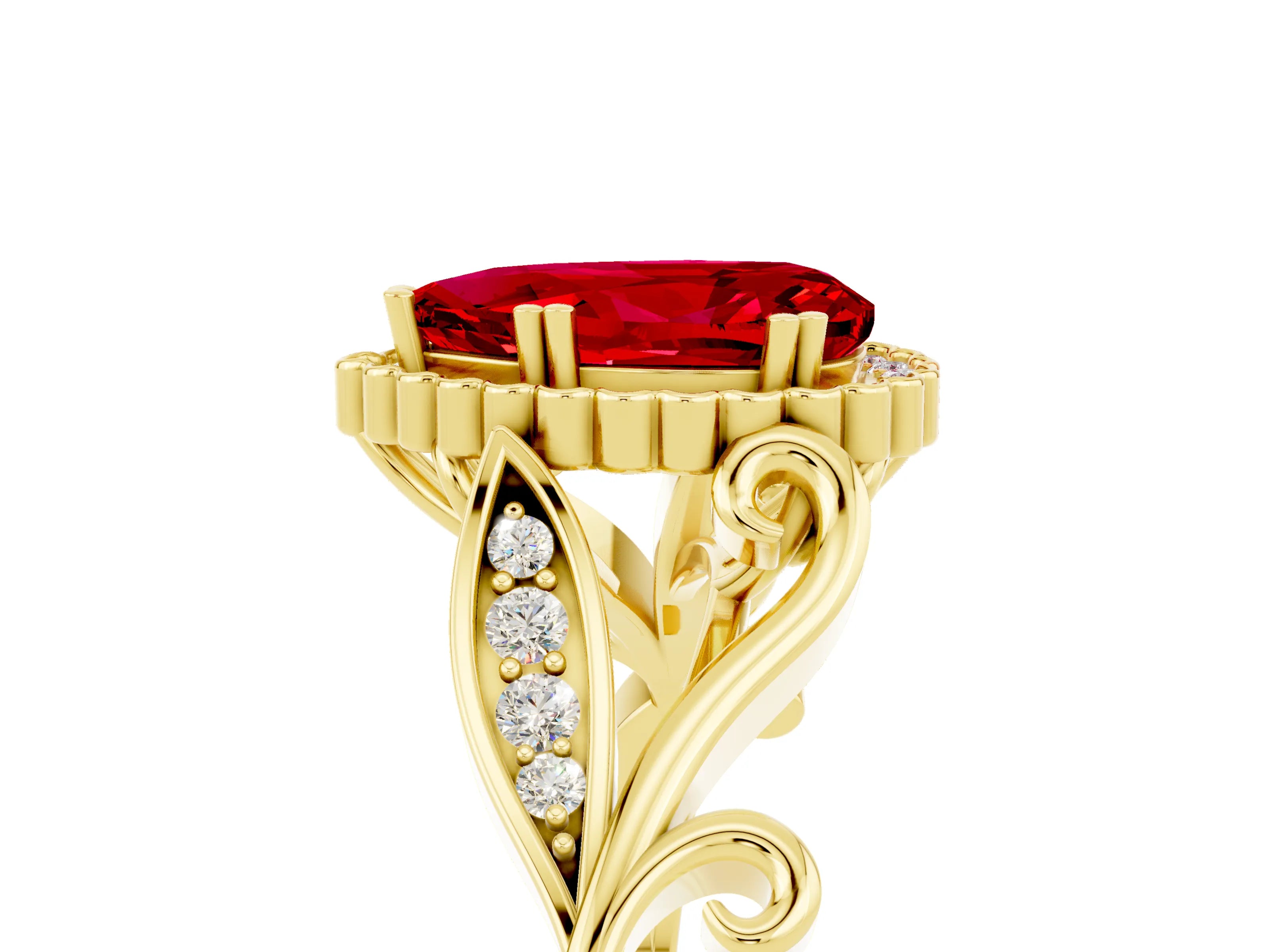 Yellow gold Pear Cut Ruby Halo Ring with Vintage Split Shank and Four-Prong Setting_5