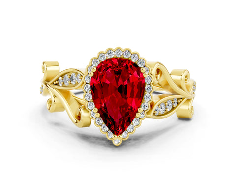 Yellow gold Pear Cut Ruby Halo Ring with Vintage Split Shank and Four-Prong Setting