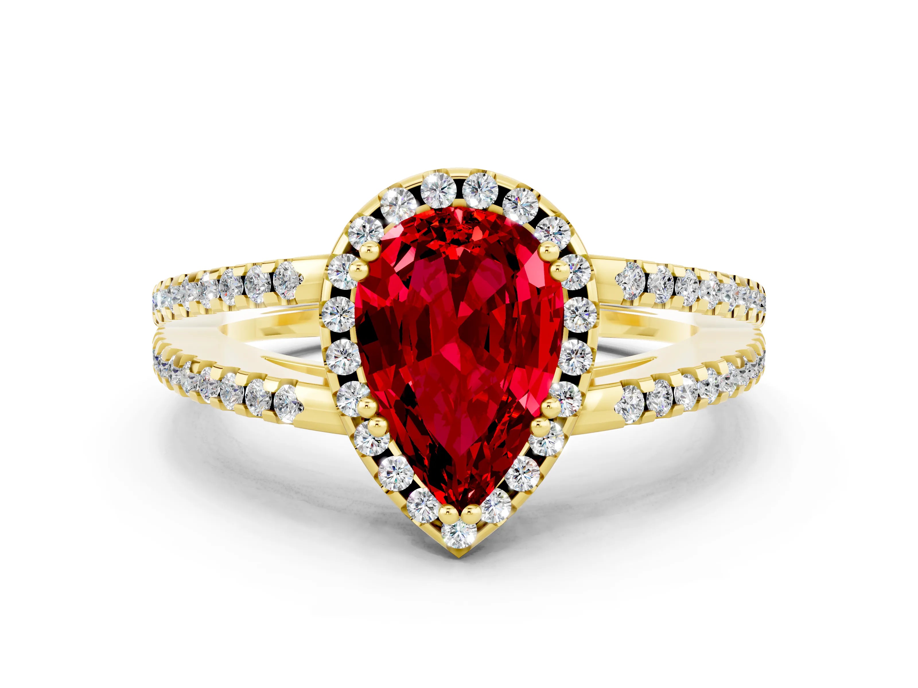 Yellow gold Pear Cut Ruby Halo Split Shank Engagement Ring_12