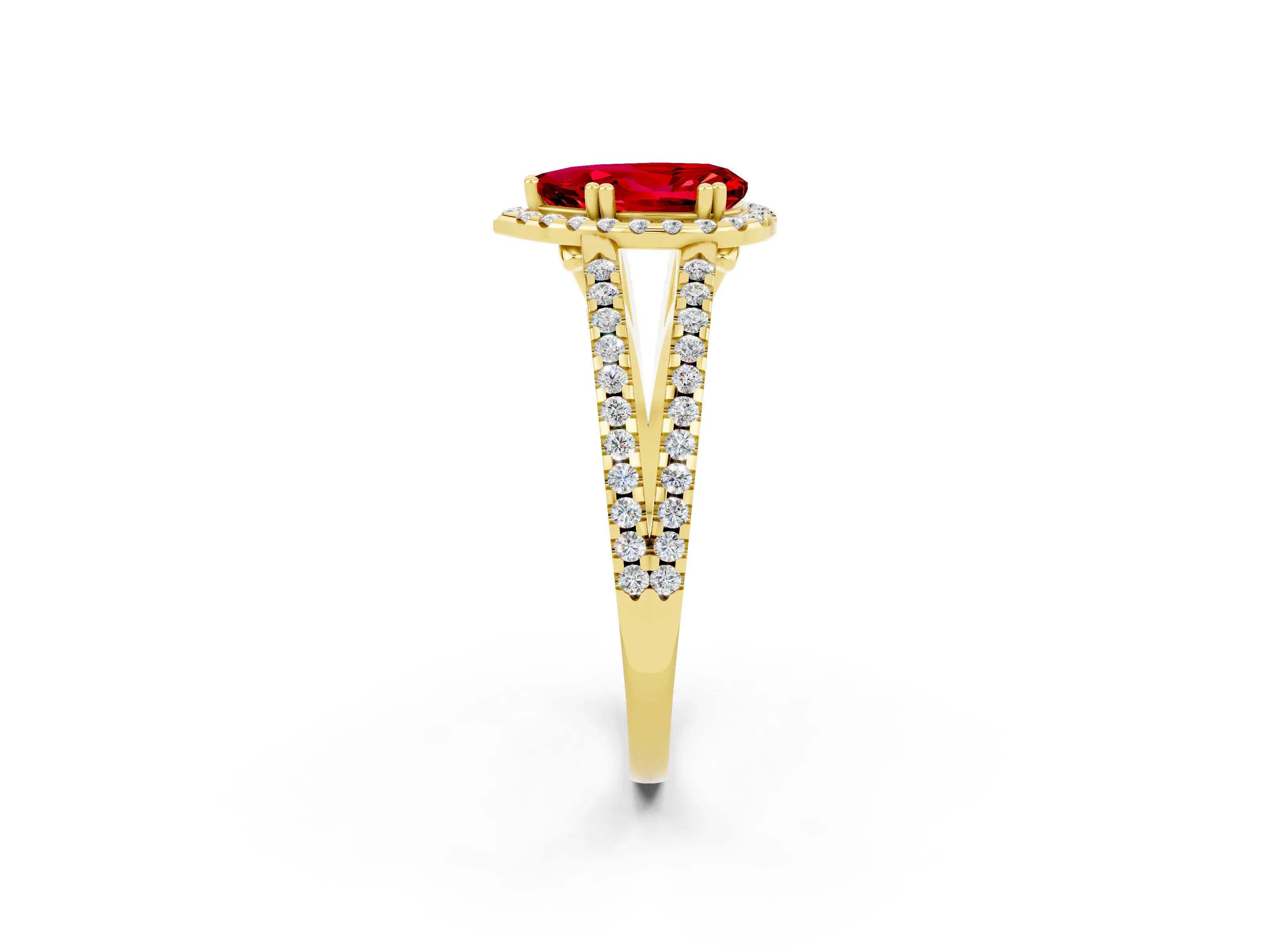 Yellow gold Pear Cut Ruby Halo Split Shank Engagement Ring_14