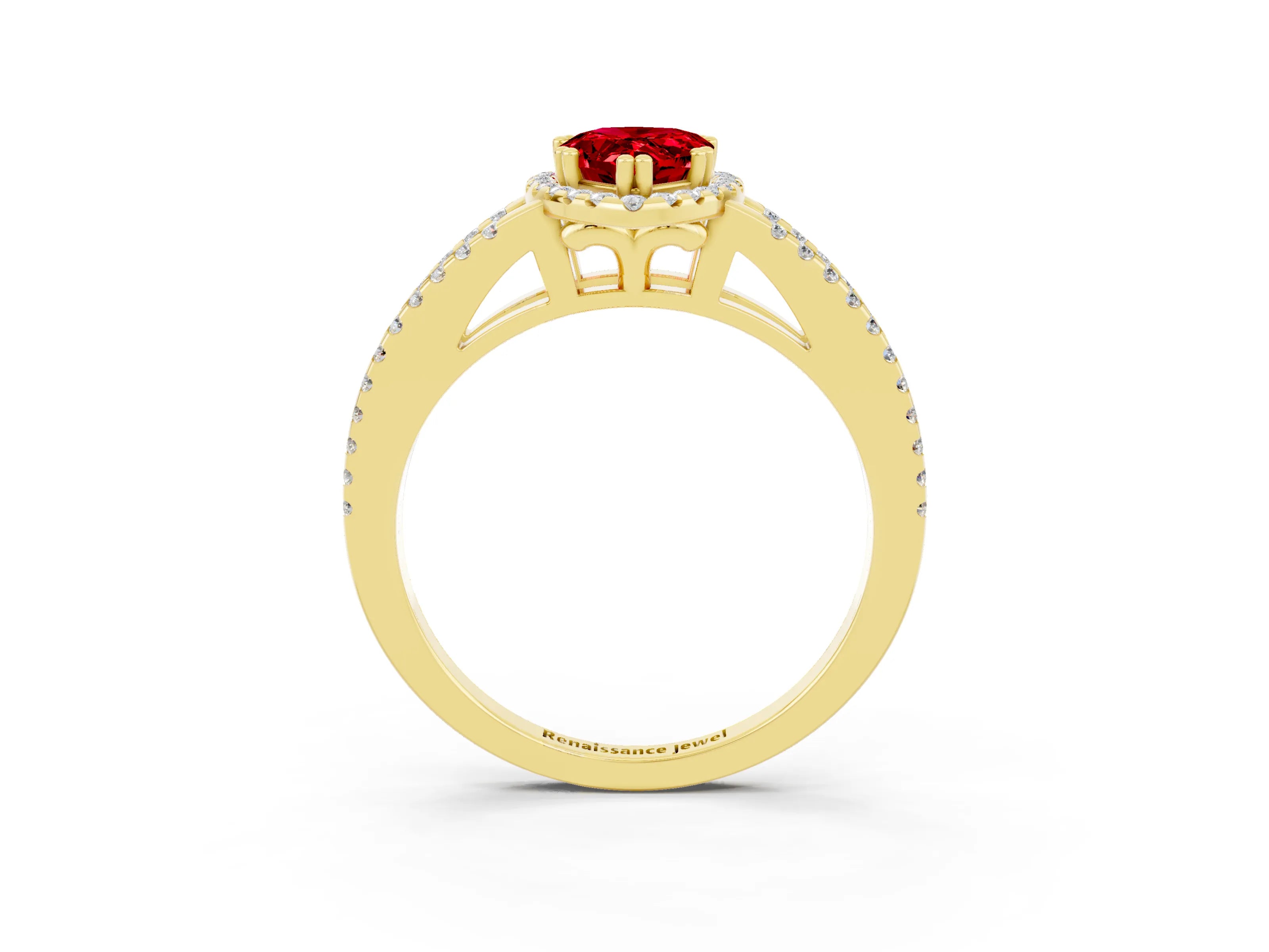 Yellow gold Pear Cut Ruby Halo Split Shank Engagement Ring_15