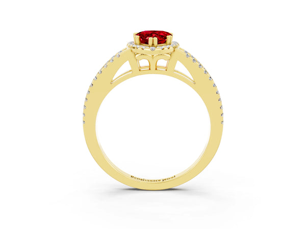 Yellow gold Pear Cut Ruby Halo Split Shank Engagement Ring