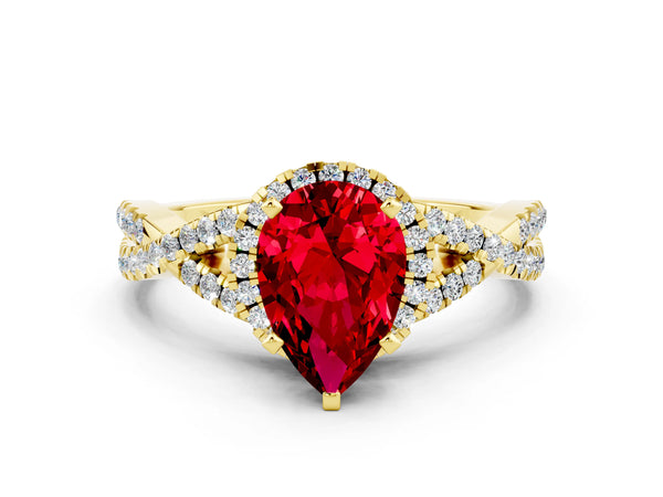Yellow gold Pear Cut Ruby  Halo Twist Band Solitaire Prong Setting Ring