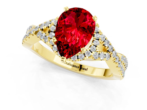 Yellow gold Pear Cut Ruby  Halo Twist Band Solitaire Prong Setting Ring