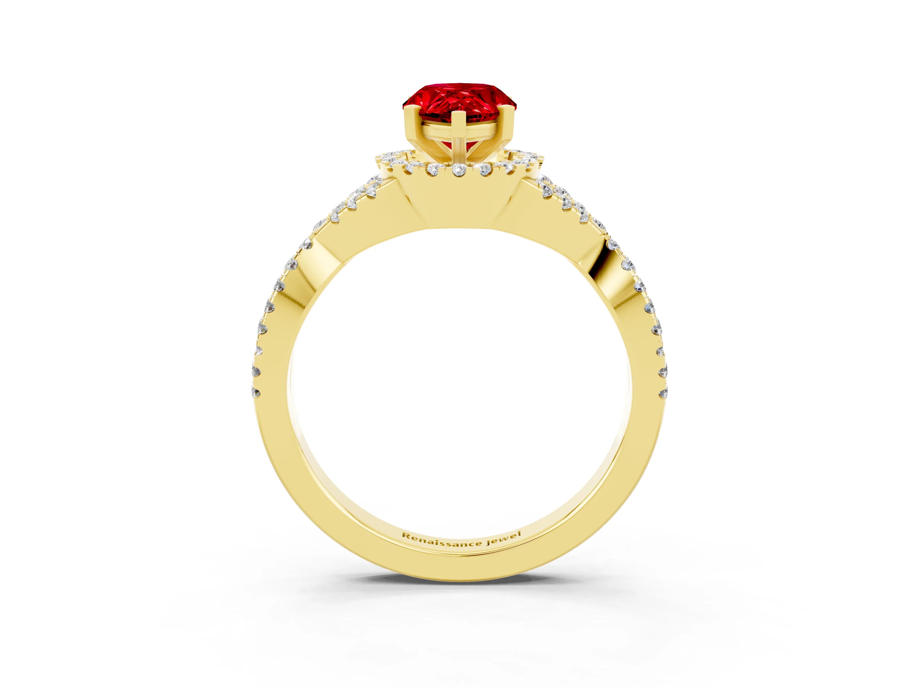 Yellow gold Pear Cut Ruby Halo Twist Band Solitaire Prong Setting Ring_3