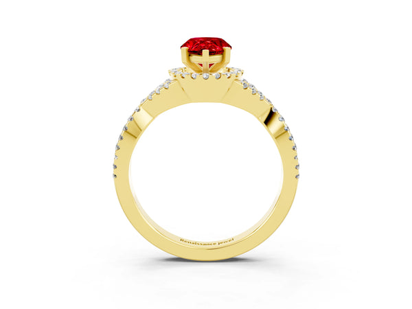 Yellow gold Pear Cut Ruby  Halo Twist Band Solitaire Prong Setting Ring