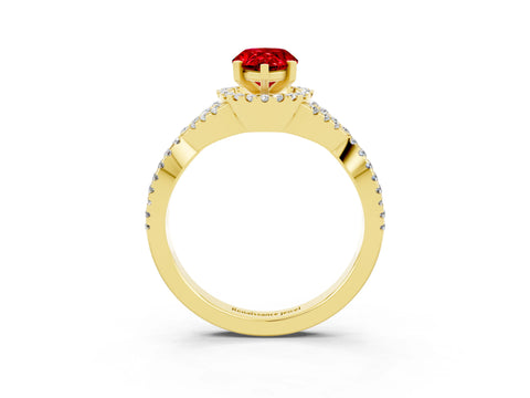 Yellow gold Pear Cut Ruby Halo Twist Band Solitaire Prong Setting Ring_3