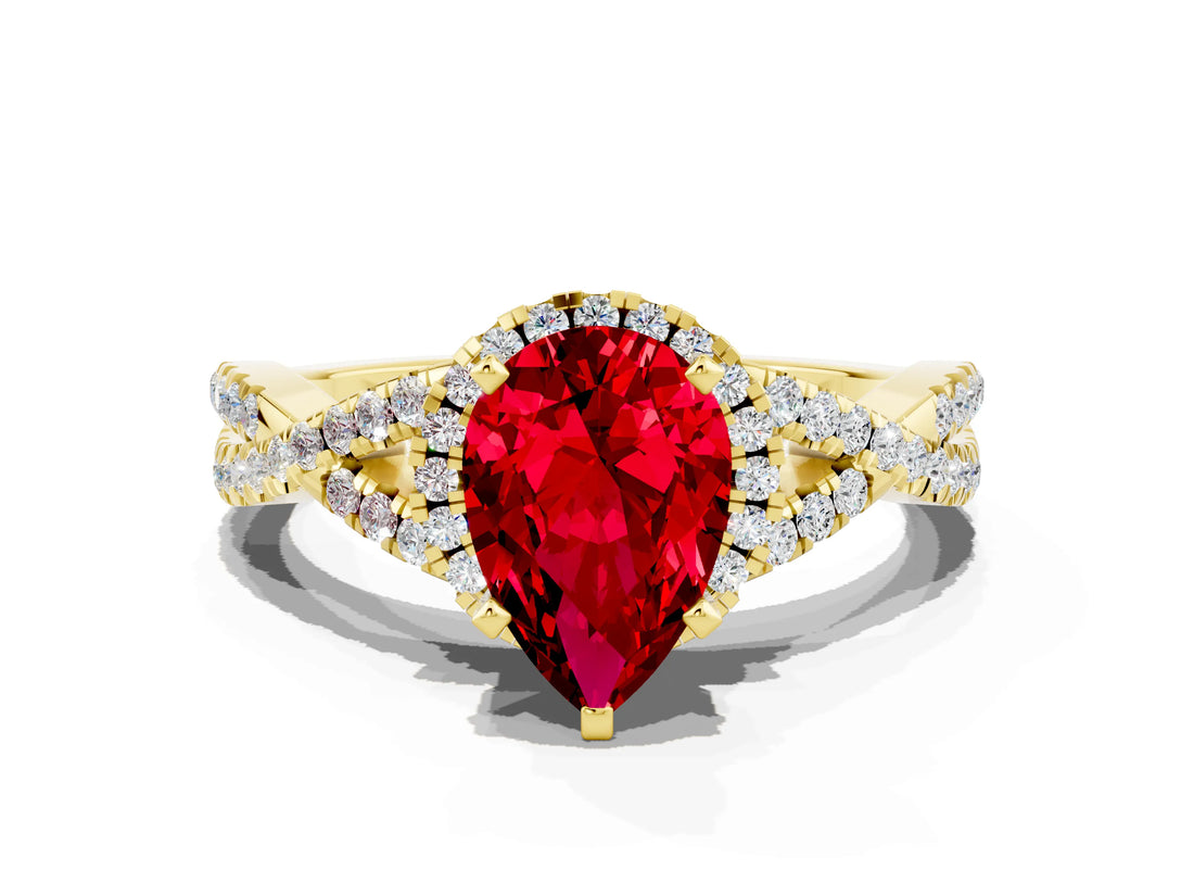 Yellow gold Pear Cut Ruby  Halo Twist Band Solitaire Prong Setting Ring_42