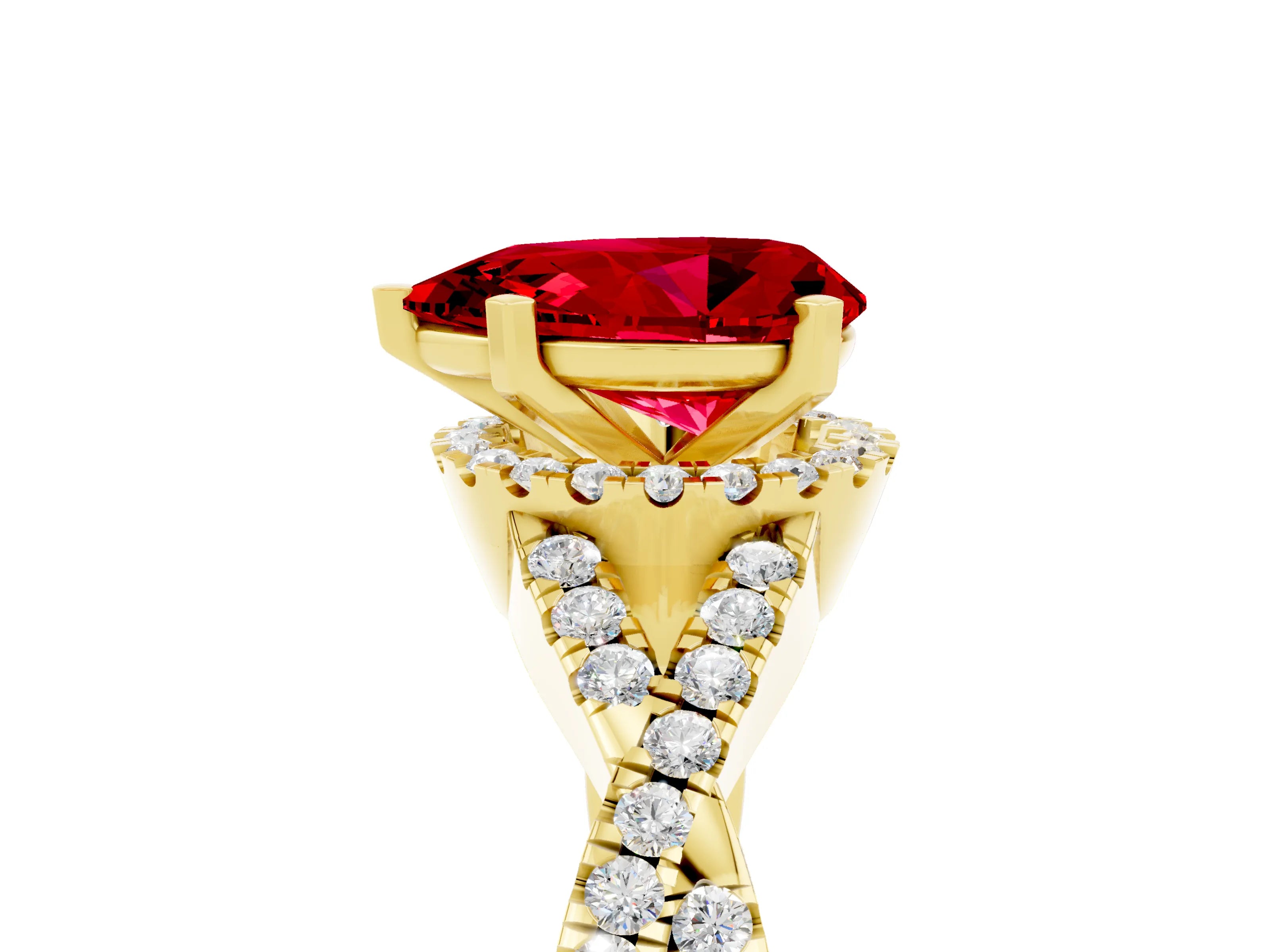 Yellow gold Pear Cut Ruby Halo Twist Band Solitaire Prong Setting Ring_5