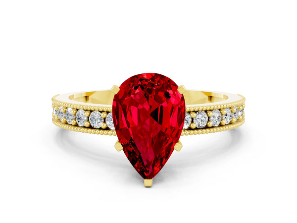 Yellow gold Pear Cut Ruby Milgrain Pavé Engagement Ring with Four-Prong Setting