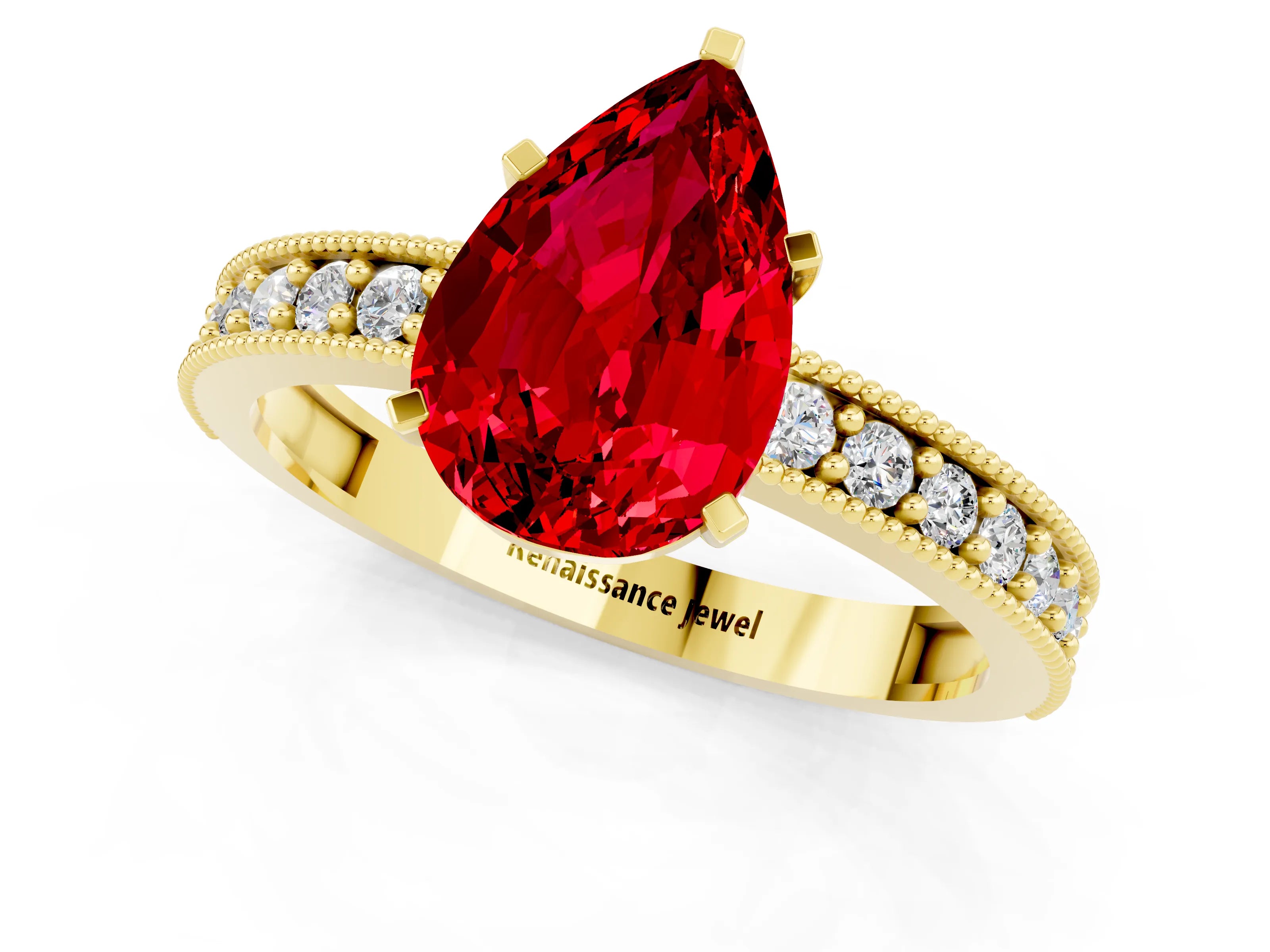Yellow gold Pear Cut Ruby Milgrain Pavé Engagement Ring with Four-Prong Setting_1