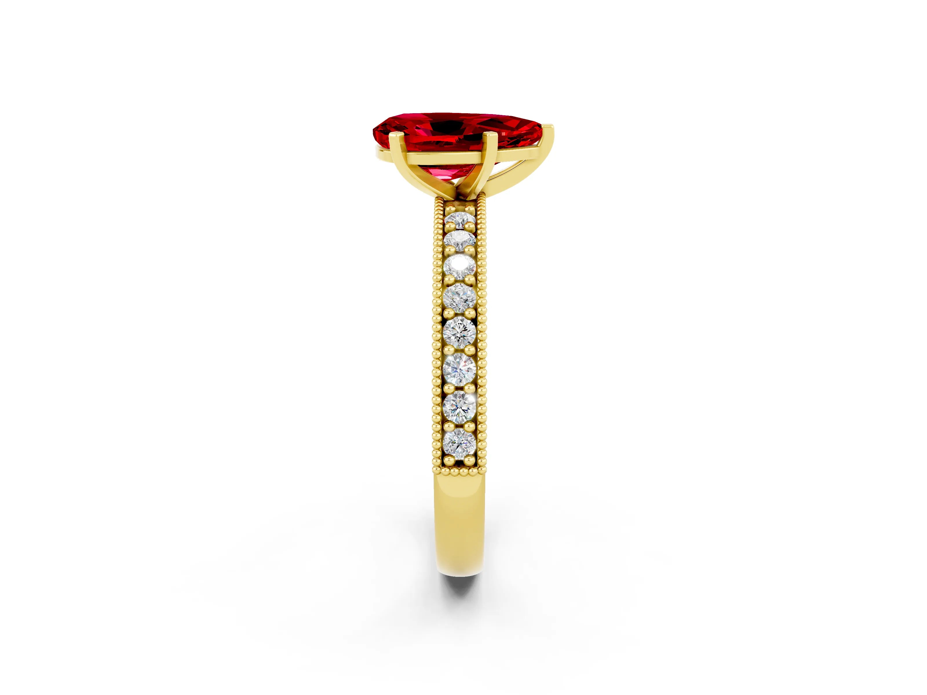 Yellow gold Pear Cut Ruby Milgrain Pavé Engagement Ring with Four-Prong Setting_2