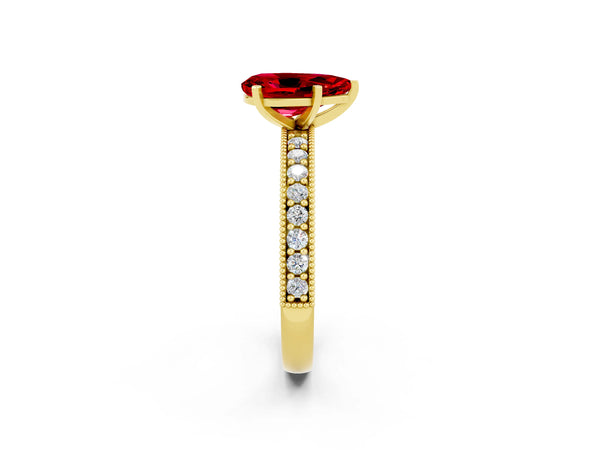 Yellow gold Pear Cut Ruby Milgrain Pavé Engagement Ring with Four-Prong Setting