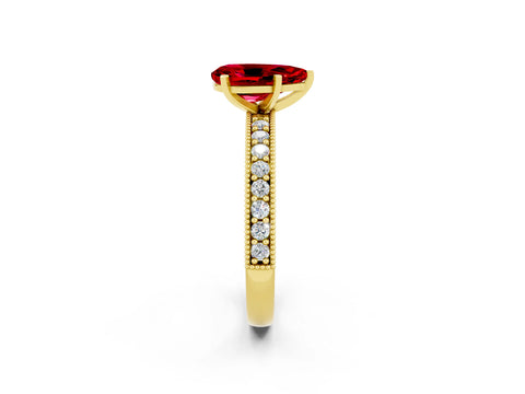 Yellow gold Pear Cut Ruby Milgrain Pavé Engagement Ring with Four-Prong Setting_2
