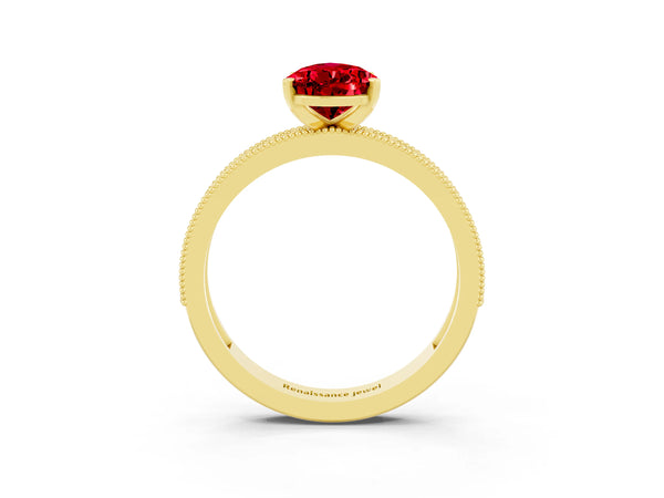 Yellow gold Pear Cut Ruby Milgrain Pavé Engagement Ring with Four-Prong Setting