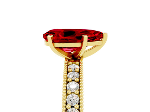 Yellow gold Pear Cut Ruby Milgrain Pavé Engagement Ring with Four-Prong Setting_5