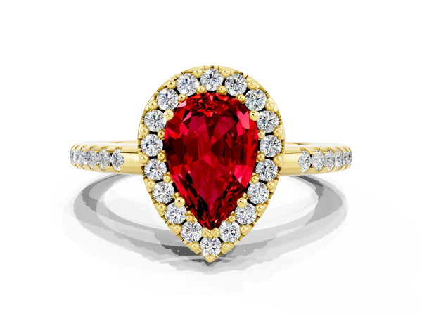 Yellow gold Pear Cut Ruby Pavé Halo Ring with Four-Prong Setting