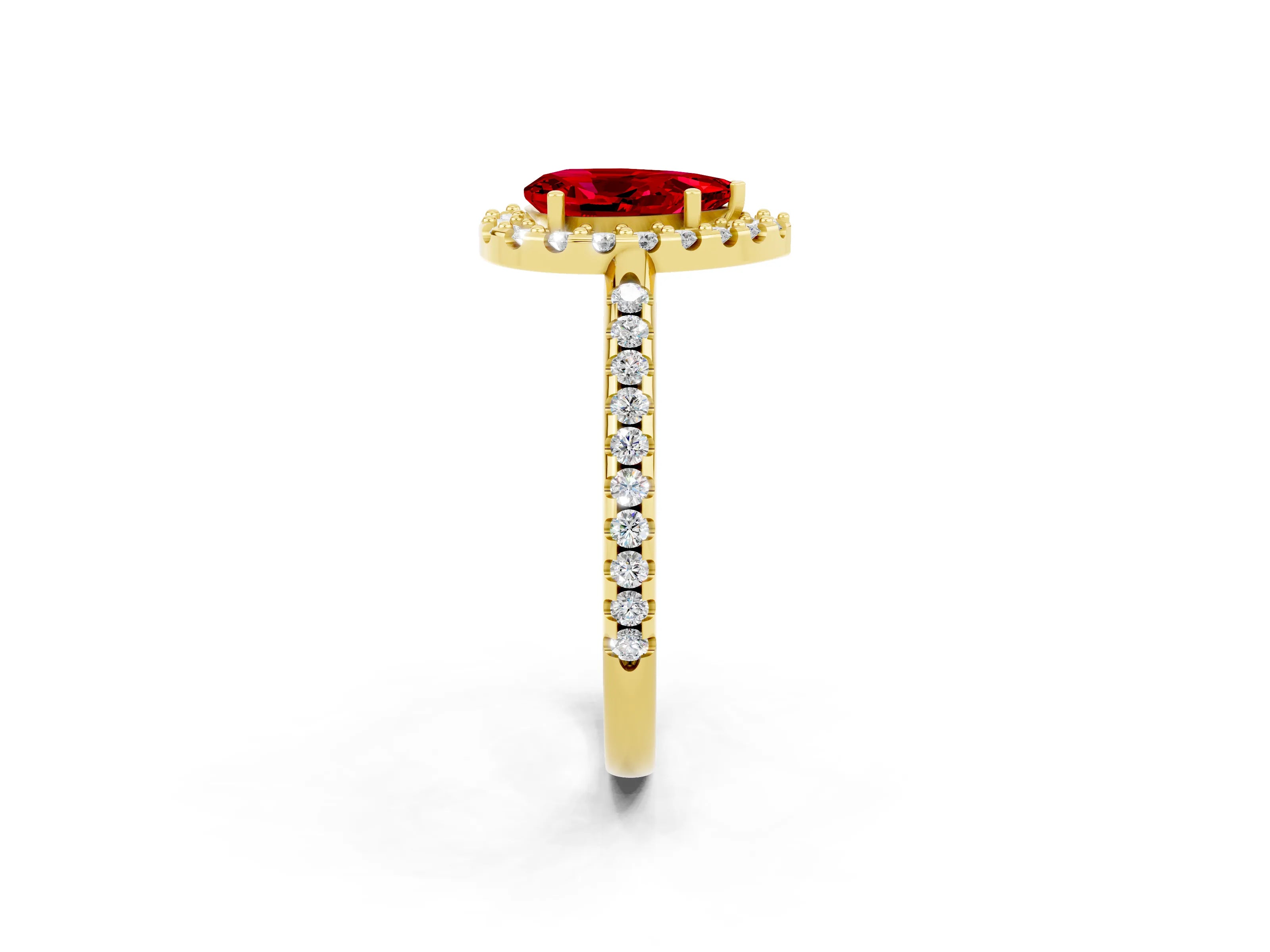 Yellow gold Pear Cut Ruby Pavé Halo Ring with Four-Prong Setting_14
