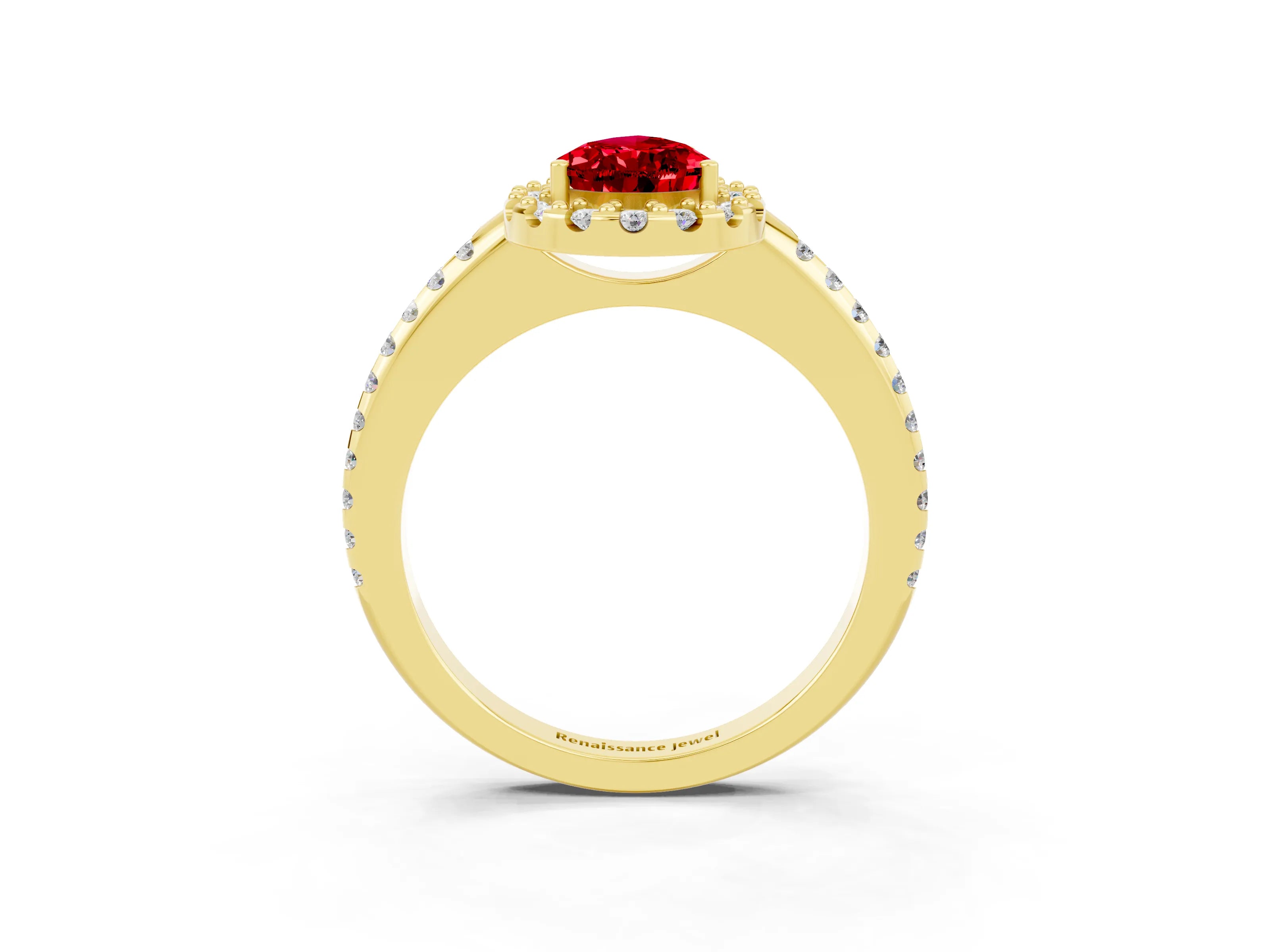 Yellow gold Pear Cut Ruby Pavé Halo Ring with Four-Prong Setting_15