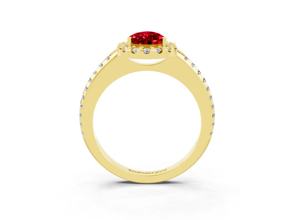 Yellow gold Pear Cut Ruby Pavé Halo Ring with Four-Prong Setting