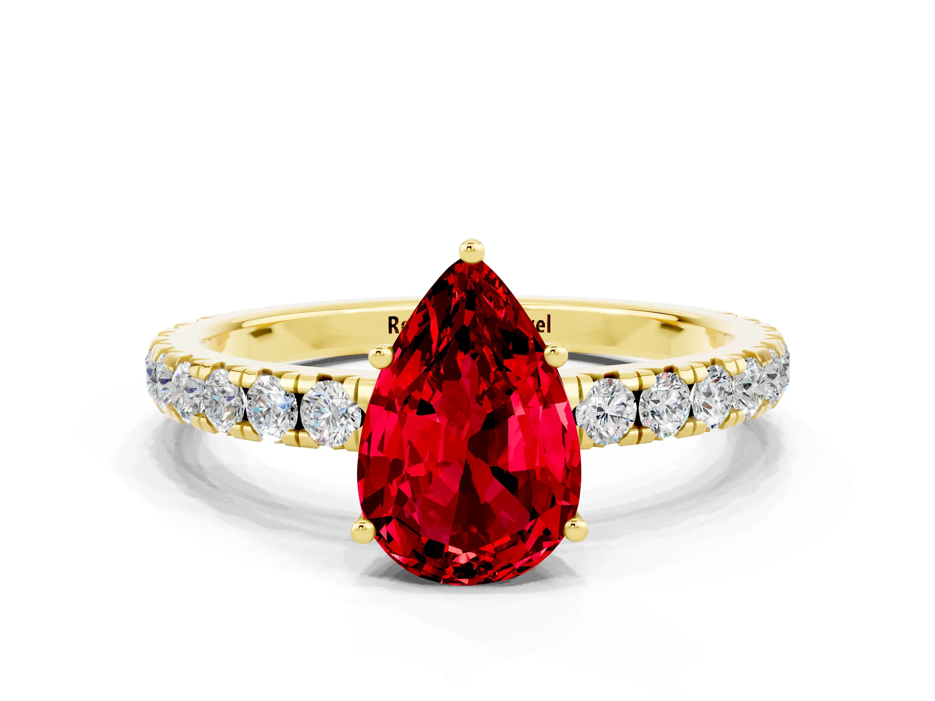 Yellow gold Pear Cut Ruby Pavé Solitaire Engagement Ring with Four-Prong Setting_12
