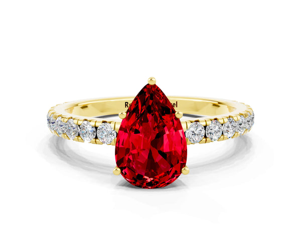 Yellow gold Pear Cut Ruby Pavé Solitaire Engagement Ring with Four-Prong Setting