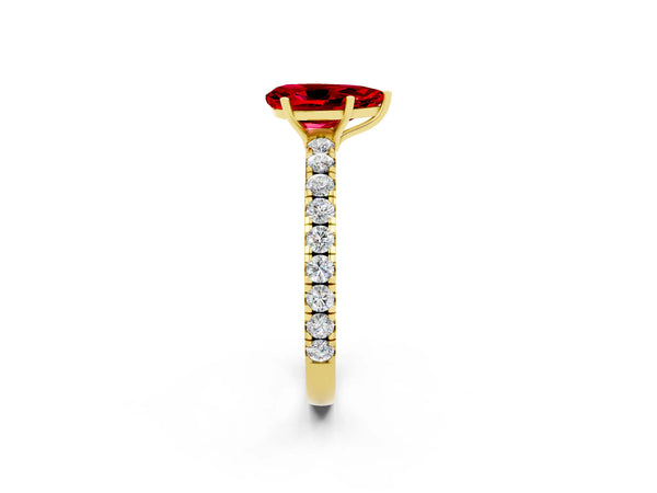 Yellow gold Pear Cut Ruby Pavé Solitaire Engagement Ring with Four-Prong Setting